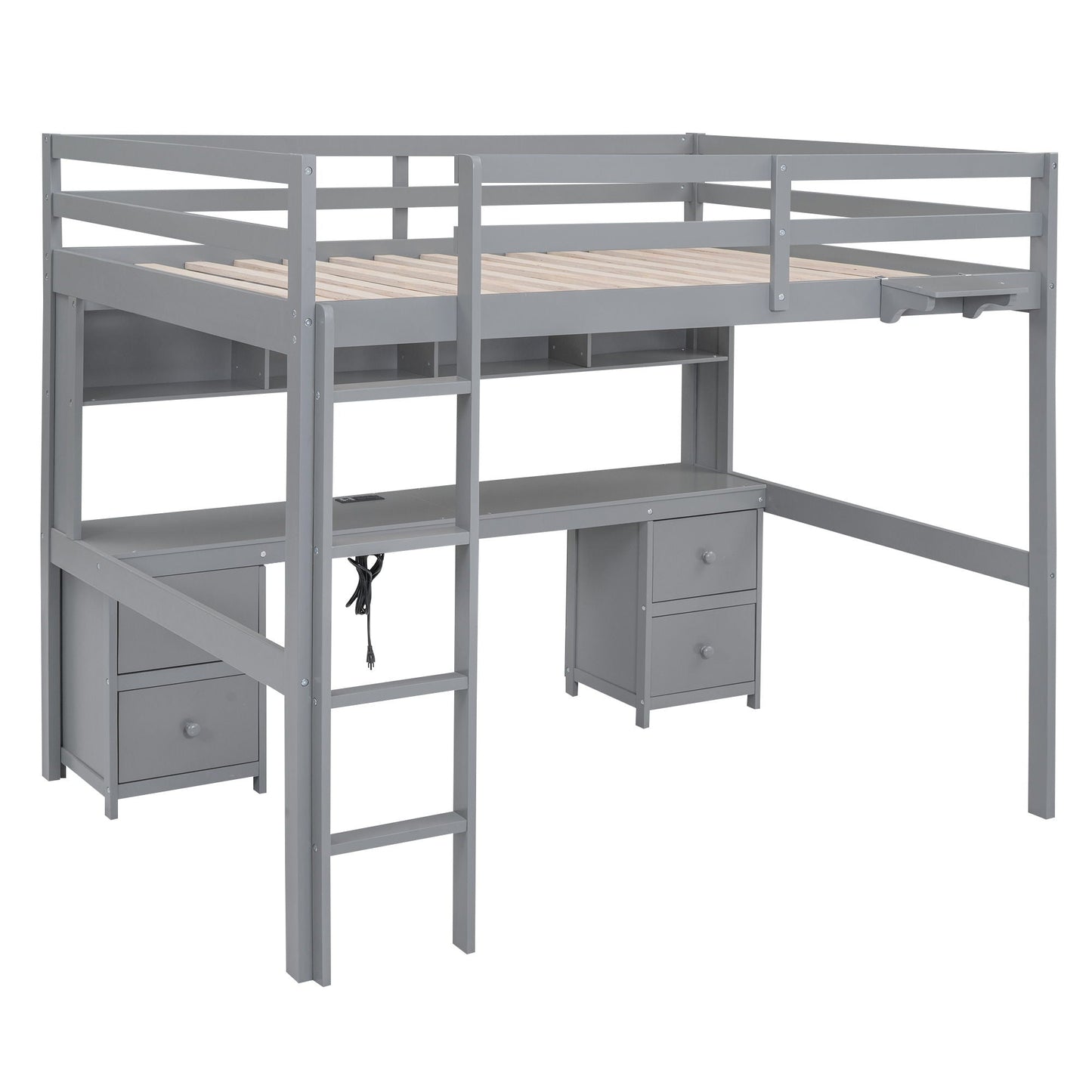 Gray loft bed with desk, cabinets, drawers and bedside tray with charging station on Tampa Home & Garden Store