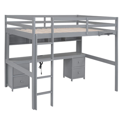Gray loft bed with desk, cabinets, drawers and bedside tray with charging station on Tampa Home & Garden Store
