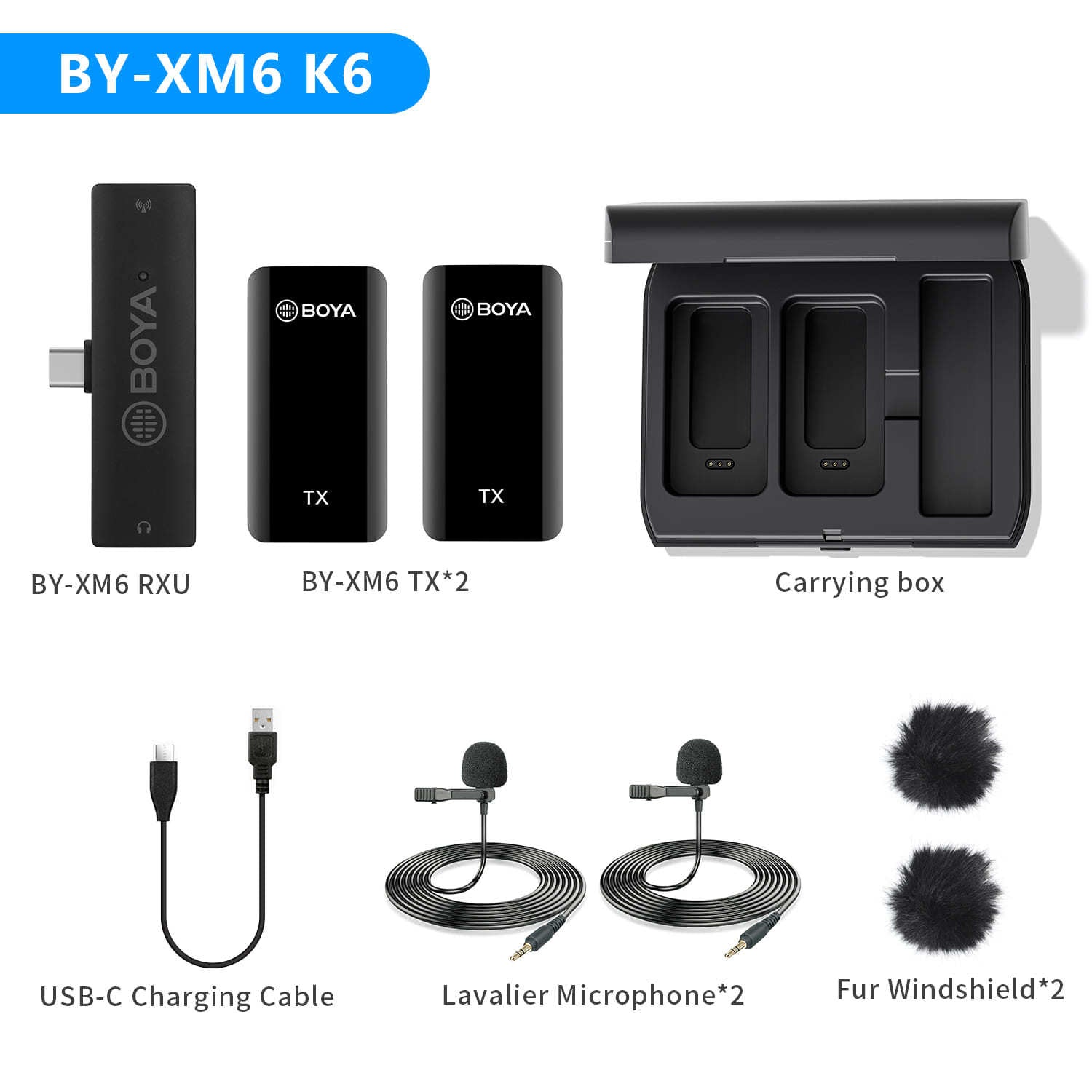 Clip-on wireless mic BY-XM6 kit with two TX transmitters and RXU receiver by BOYA, carrying box on Tampa Home & Garden Store