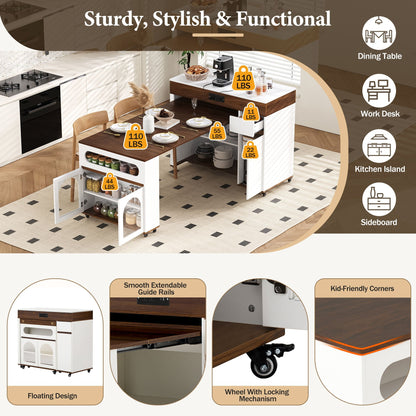 Extendable dining table with folding top and rolling kitchen island, white wood finish on Tampa Home & Garden Store
