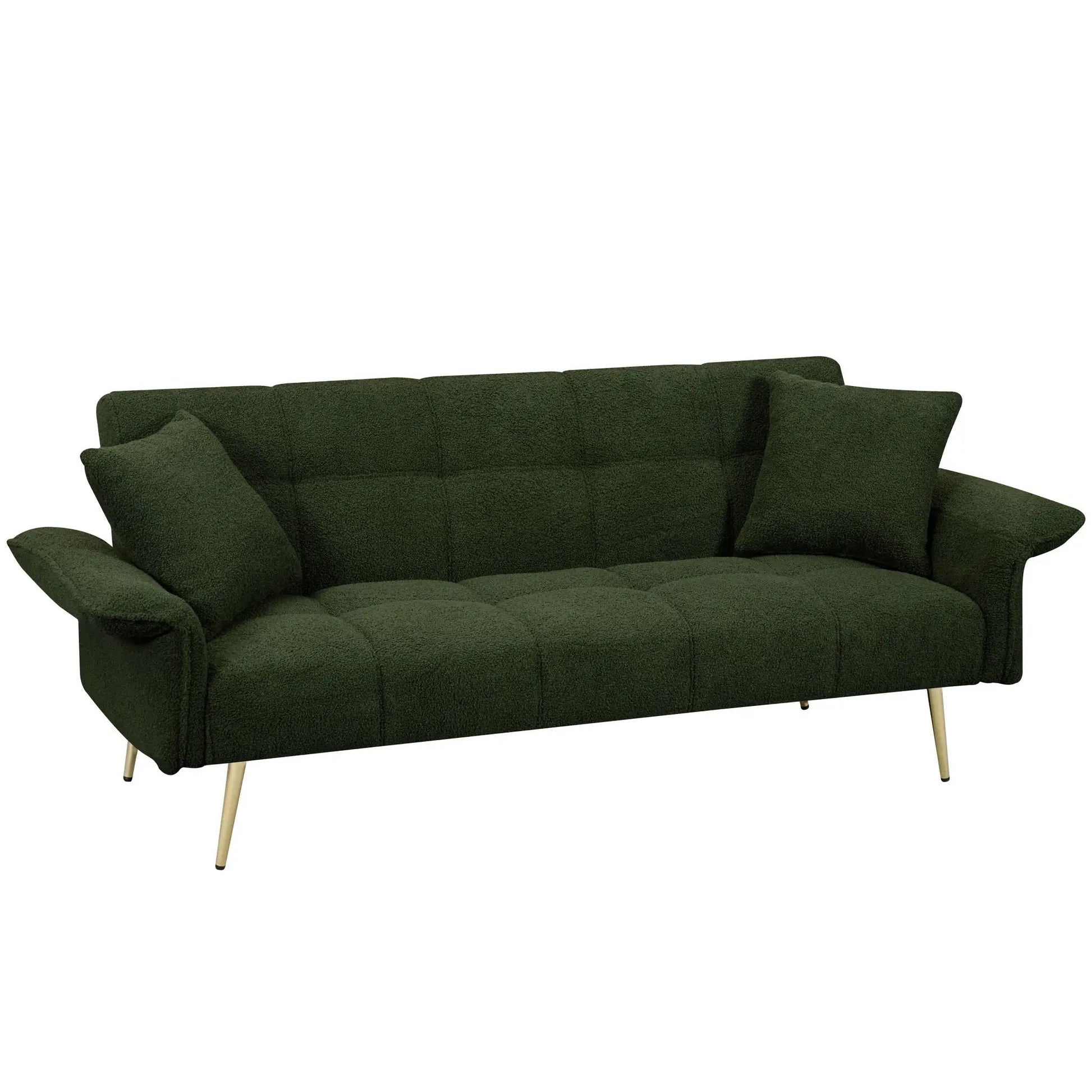 Convertible double futon sofa bed by Unique Piece Furniture in green fabric with folding arms on Tampa Home & Garden Store
