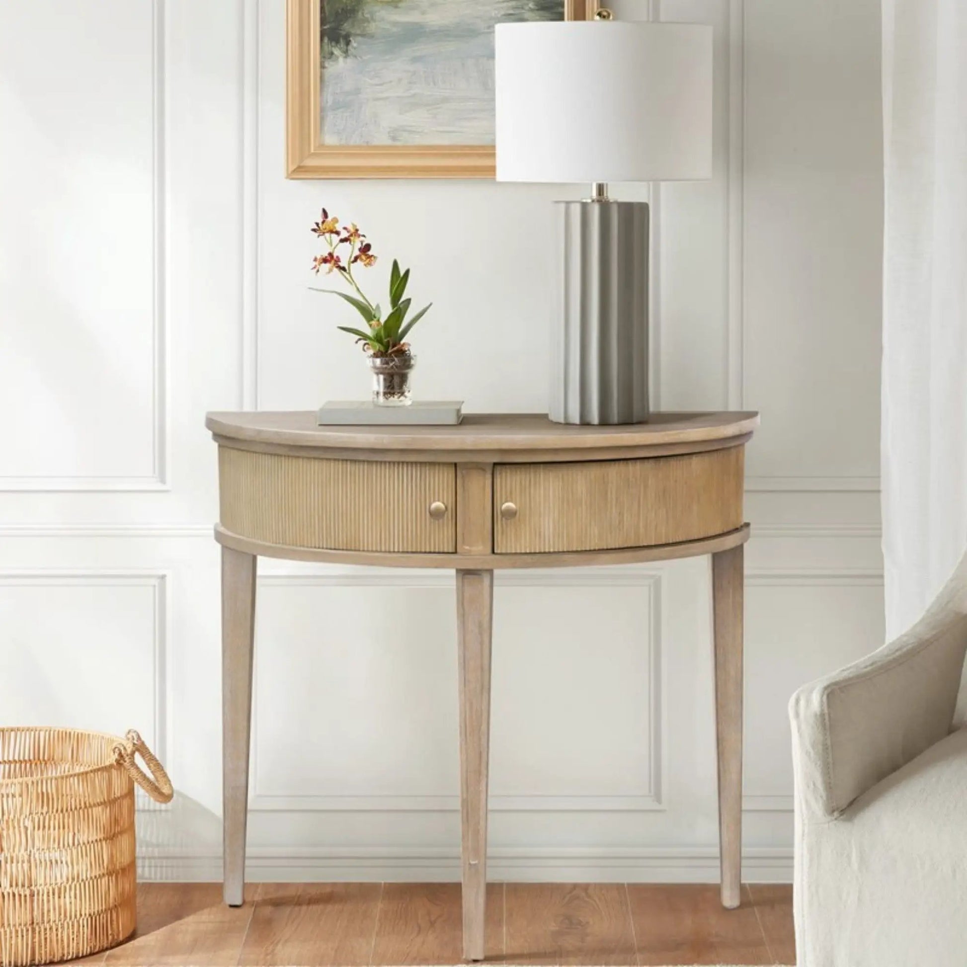 Vintage inspired storage console table with fluted doors, round wood finish and two knob drawers on Tampa Home & Garden Store