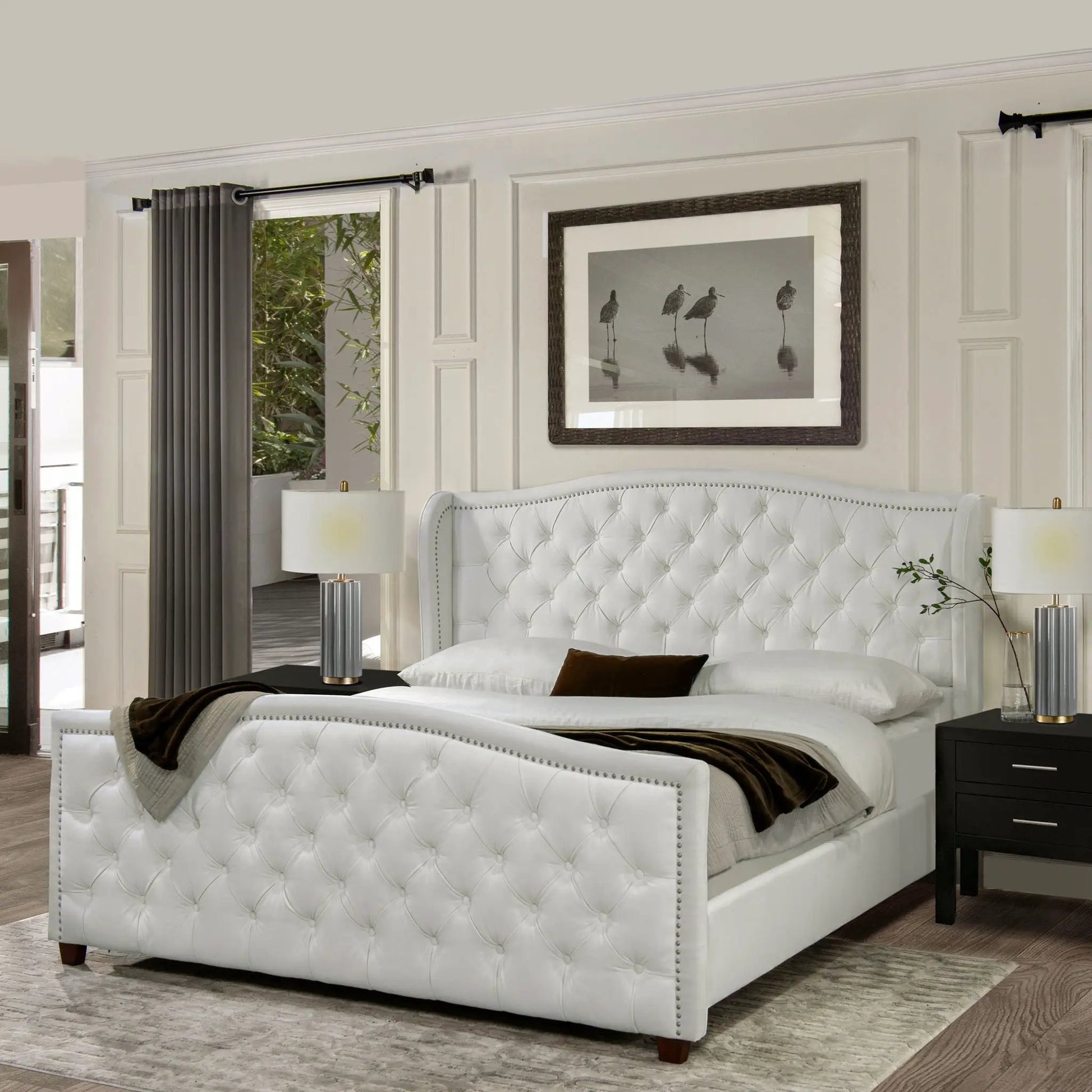 Marcella upholstered shelter headboard bed set with white tufted fabric and nailhead trim on Tampa Home & Garden Store