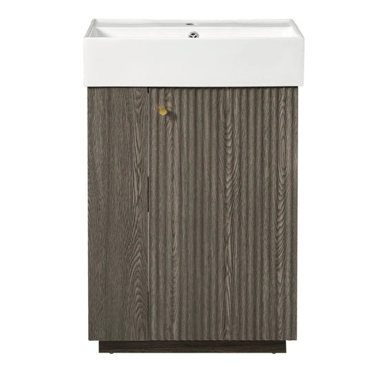 Bathroom vanity with white sink on freestanding dark wood grain cabinet with storage on Tampa Home & Garden Store