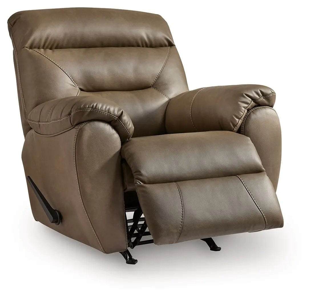 Elksworth Rocker Recliner brown leather upholstery with plush armrests on Tampa Home & Garden Store