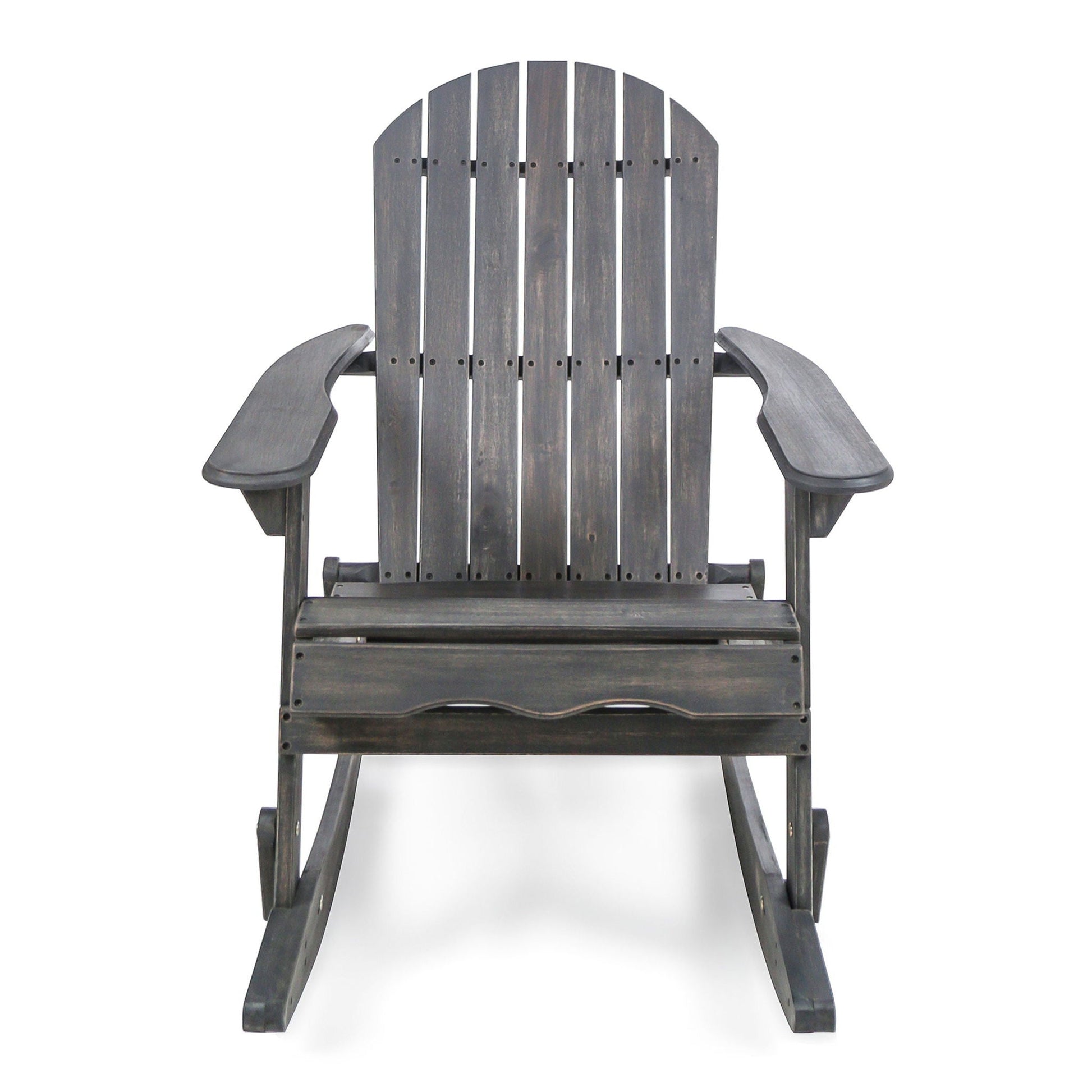 Outdoor Adirondack rocking chair by HouseOfZazla in weathered dark wood with handcrafted details on Tampa Home & Garden Store