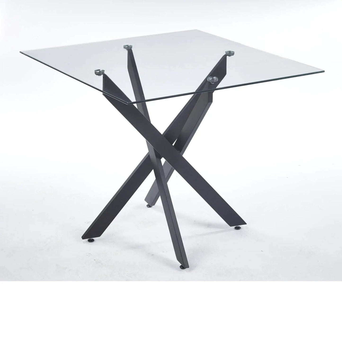 Dining table with square tempered glass top and cross metal legs, modern space-saving design on Tampa Home & Garden Store