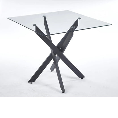 Dining table with square tempered glass top and cross metal legs, modern space-saving design on Tampa Home & Garden Store