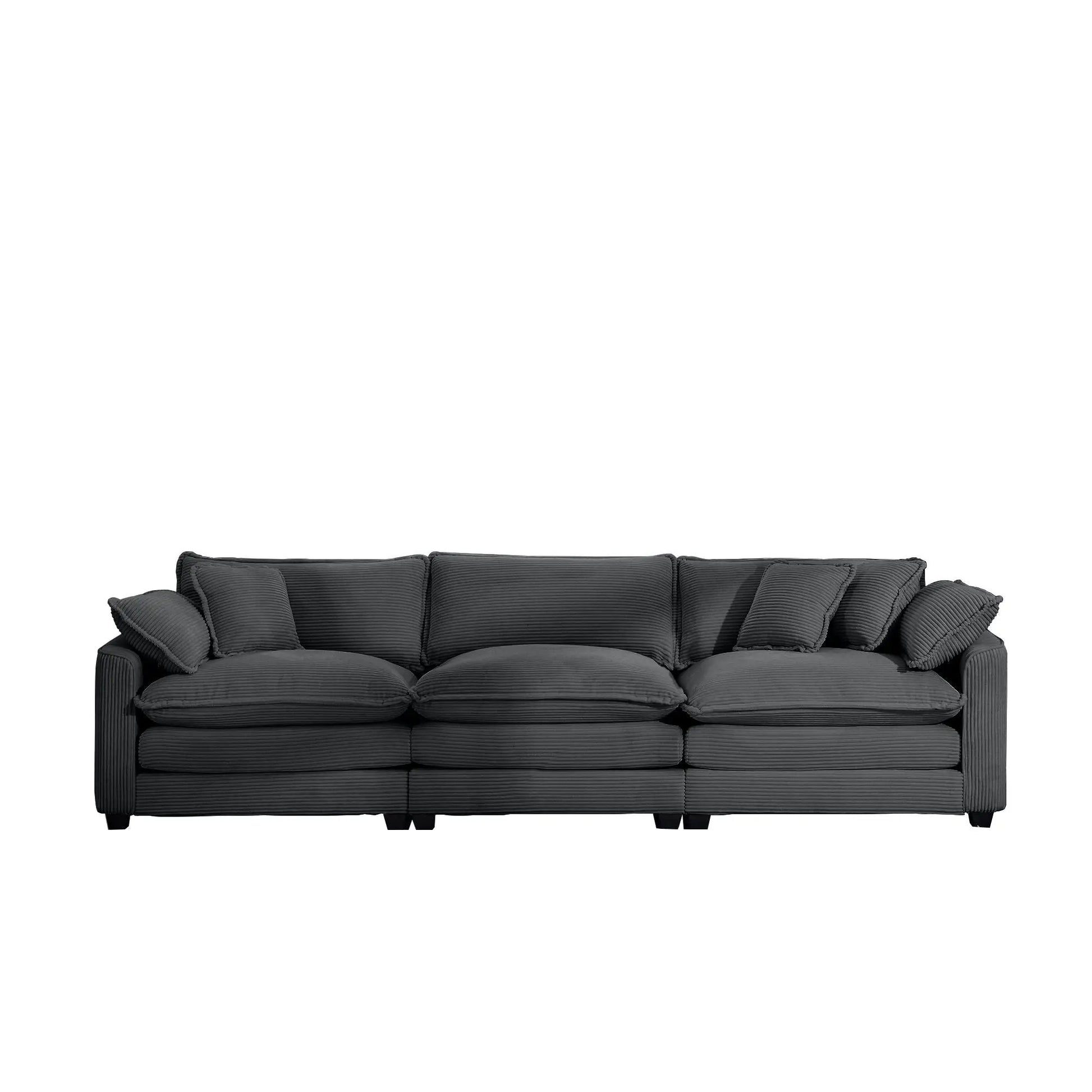 Mid-Century Modern 3 Seater Sectional Sofa charcoal ribbed fabric with throw pillows on Tampa Home & Garden Store