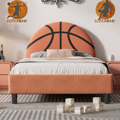Basketball design upholstered twin platform bed in orange with rounded headboard on Tampa Home & Garden Store