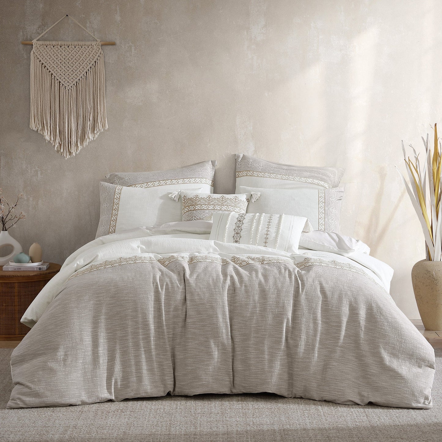 Tan And White Textured Jacquard Comforter Set