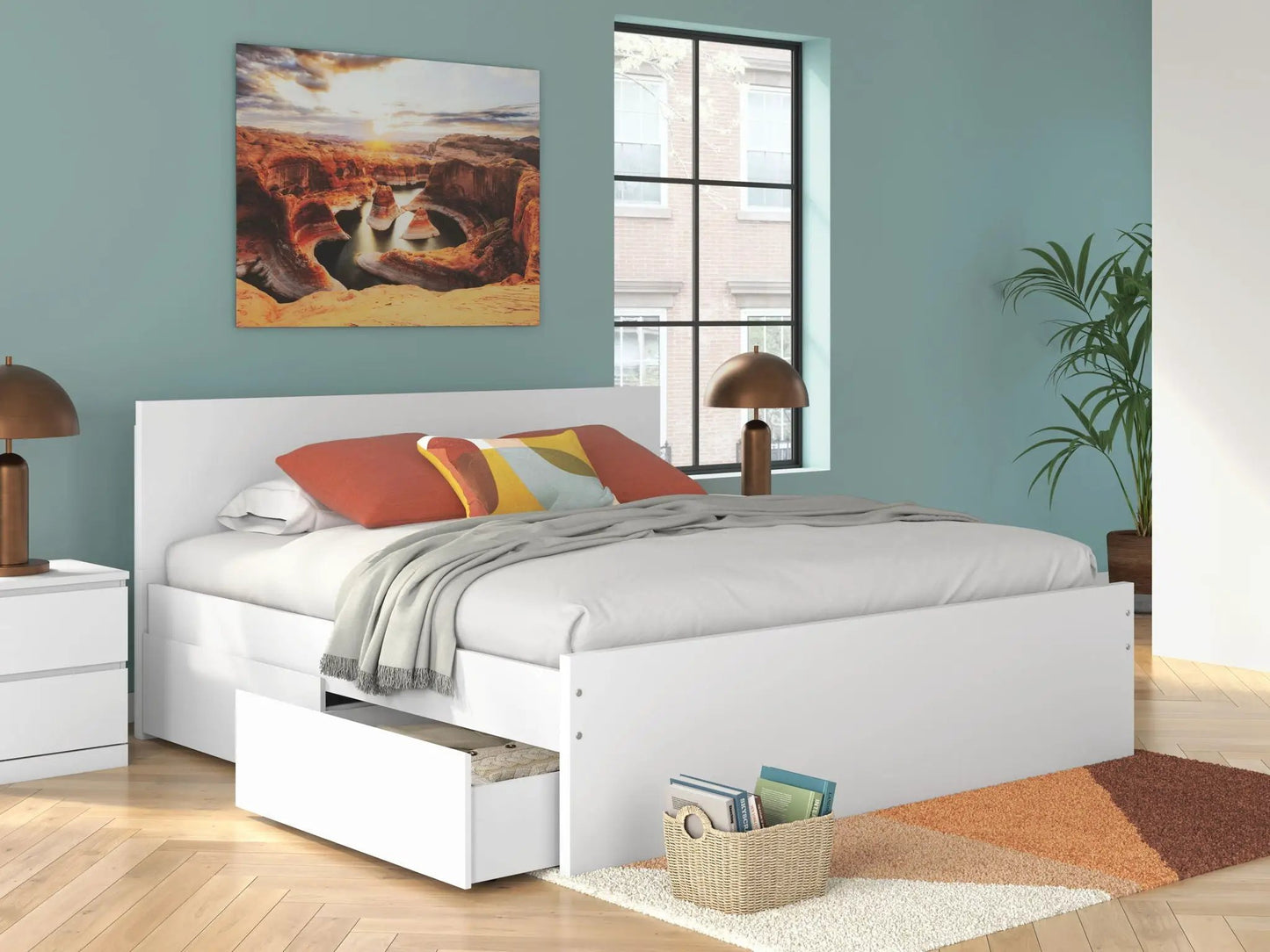 Onita Panel Platform Bed with white finish and built-in underbed storage drawers on Tampa Home & Garden Store