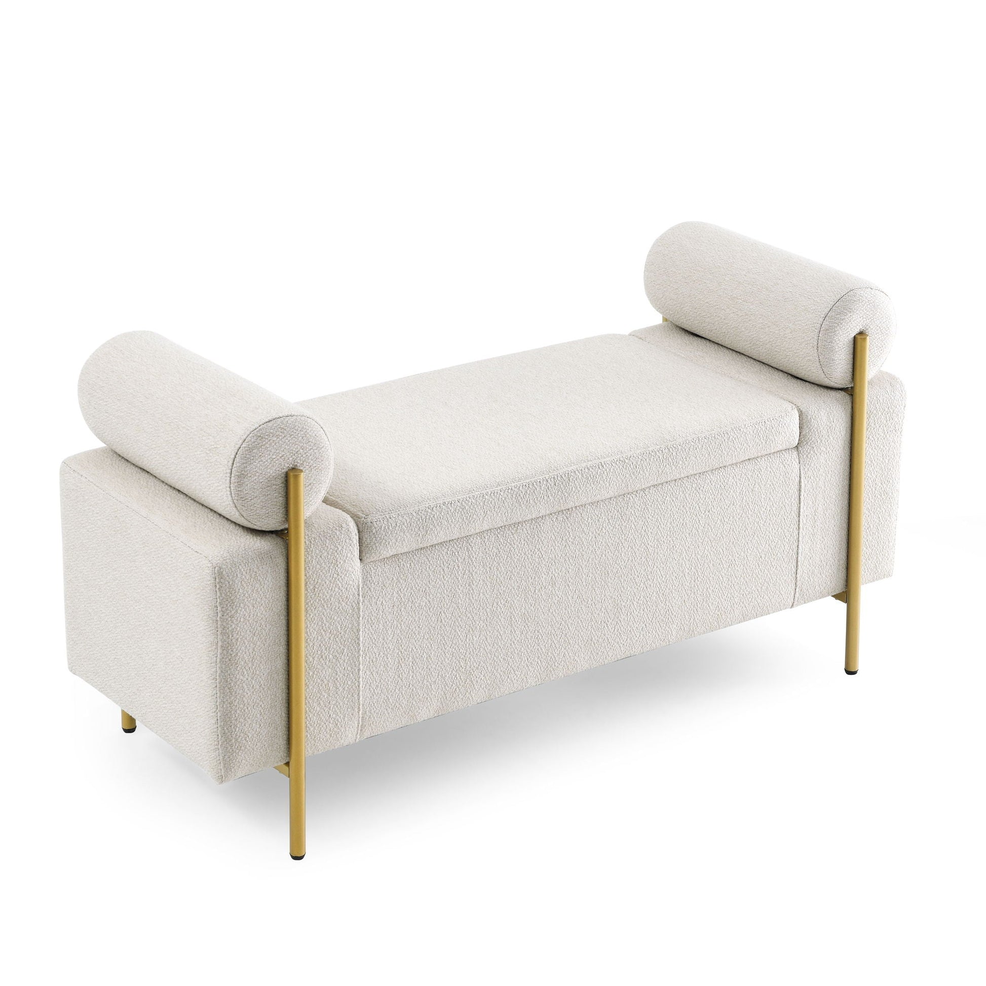 Elegant upholstered storage bench with beige fabric, cylindrical arms and gold-tone iron legs on Tampa Home & Garden Store