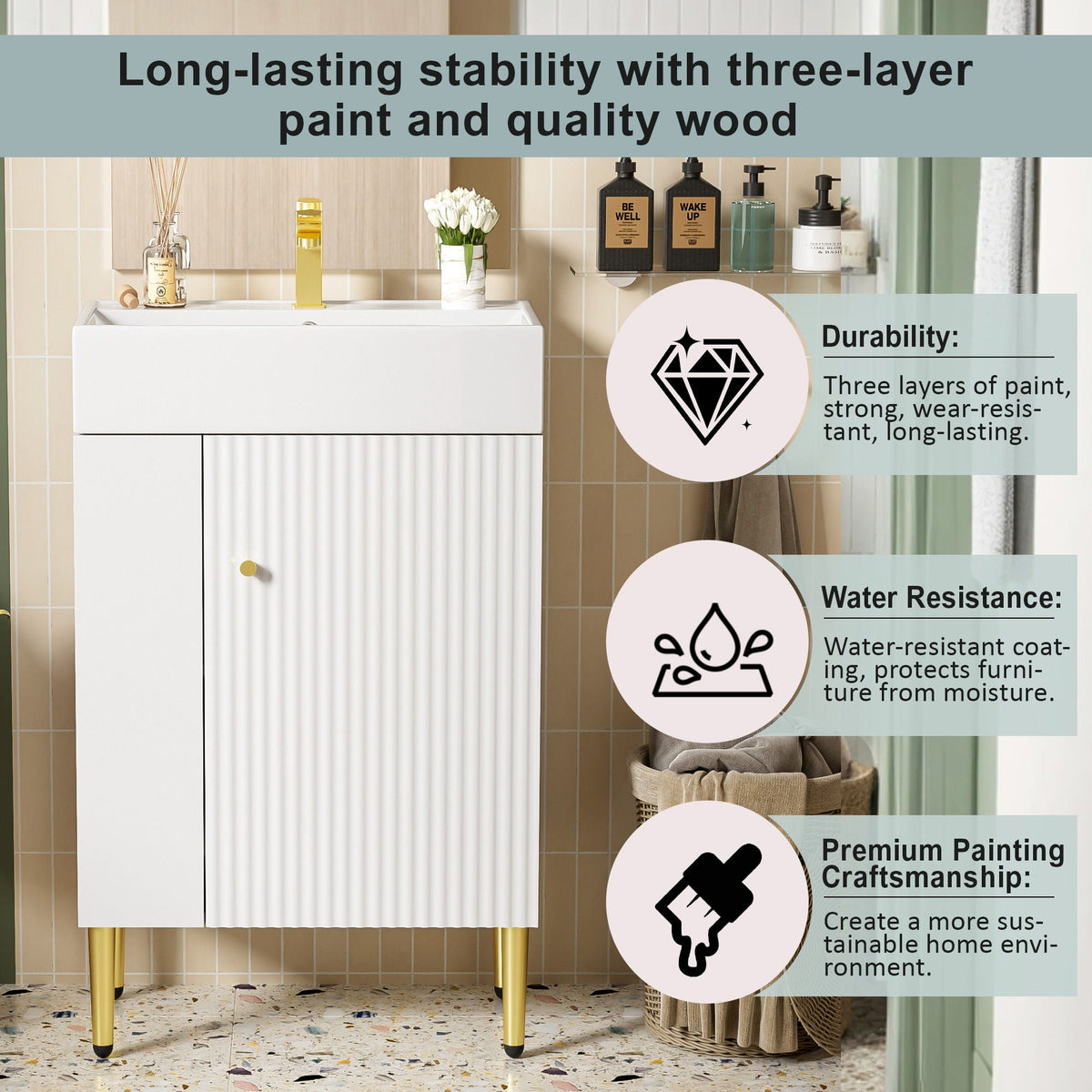 Bathroom Vanity with Single Ceramic Sink and Side Storage white cabinet with gold legs on Tampa Home & Garden Store