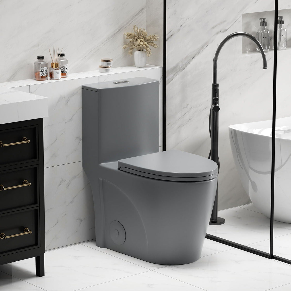 Toilet gray 1-piece ADA-height with Tornado Flush dual-flush system on Tampa Home & Garden Store