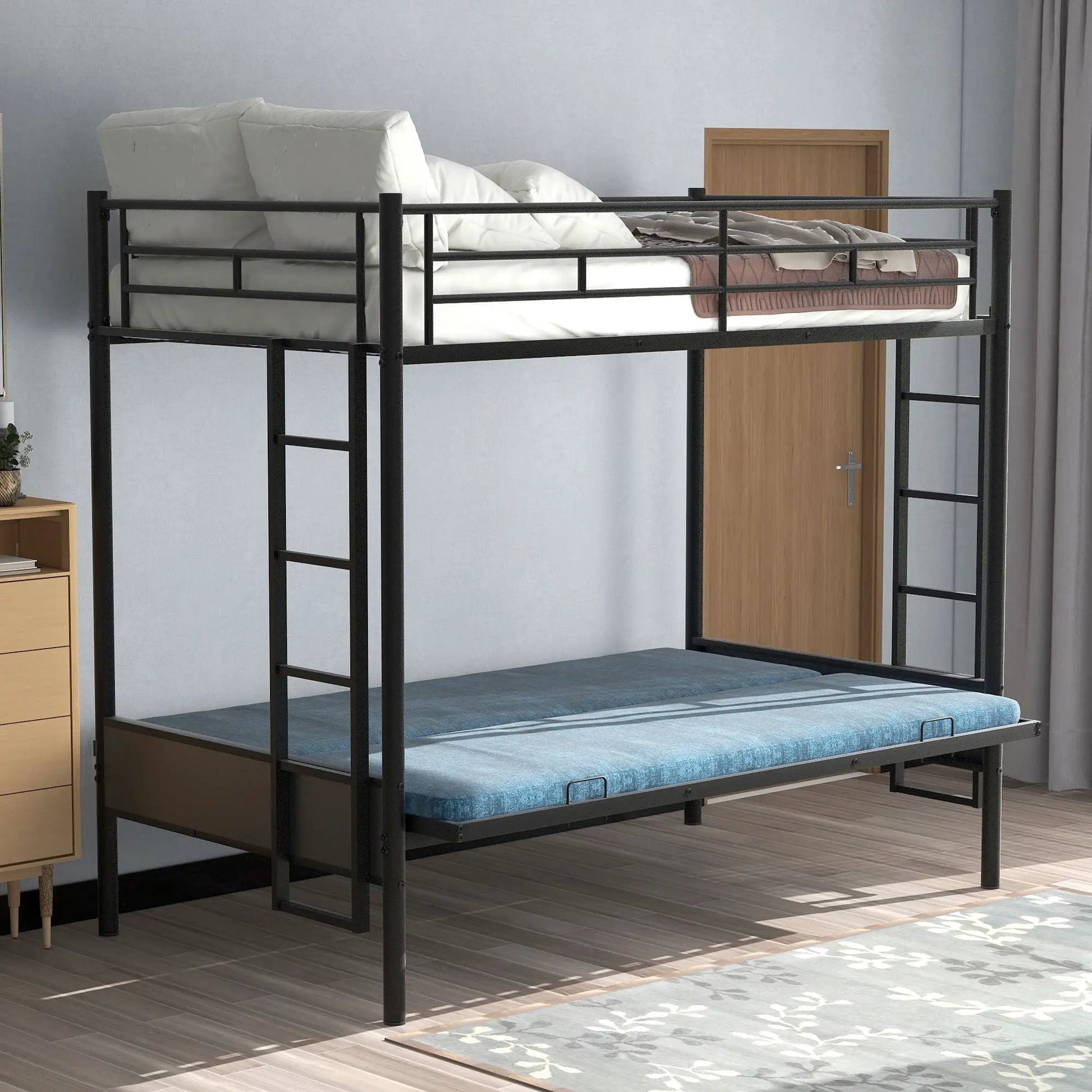 Twin over full bunk bed with black metal frame top twin and bottom full on Tampa Home & Garden Store