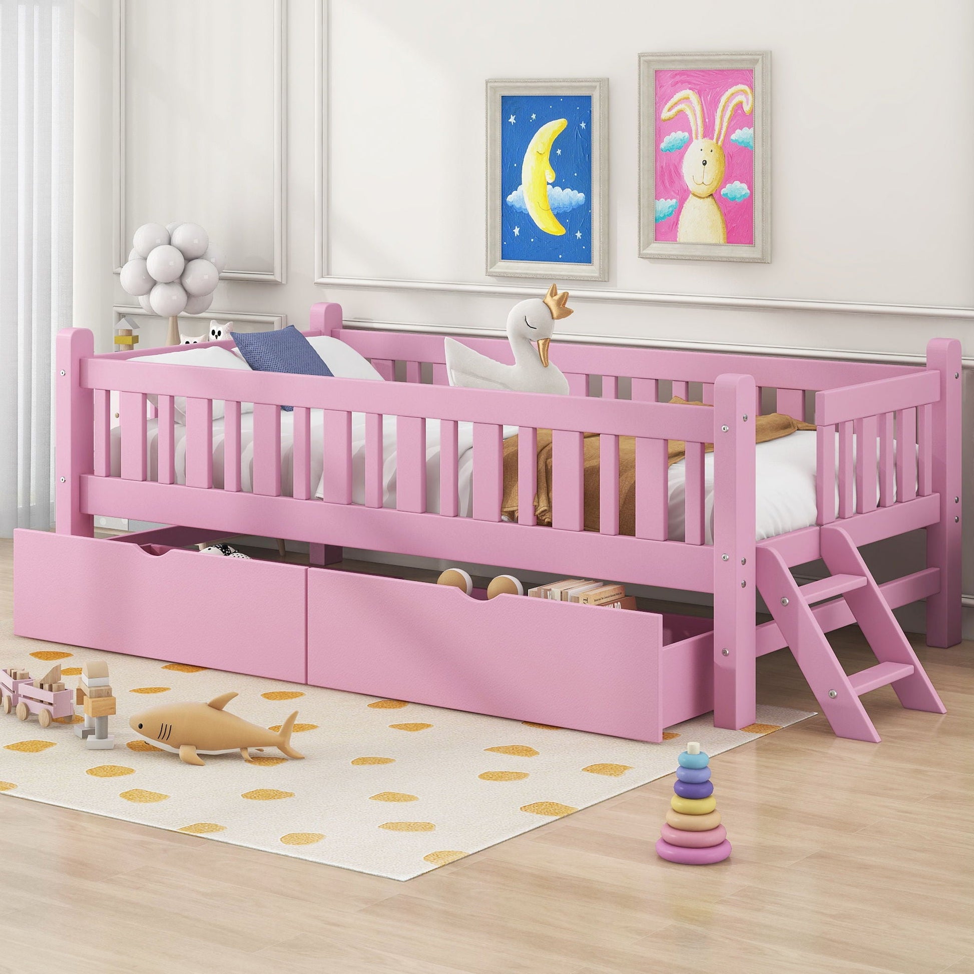 Pink platform bed with guardrail and two under-bed drawers by HouseOfZazla, storage bed for kids on Tampa Home & Garden Store