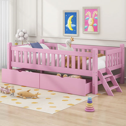 Pink platform bed with guardrail and two under-bed drawers by HouseOfZazla, storage bed for kids on Tampa Home & Garden Store