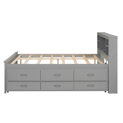 HouseOfZazla gray platform bed with storage headboard and 3 drawers, USB port, slatted bed on Tampa Home & Garden Store