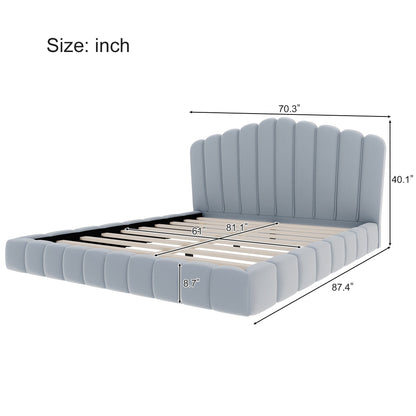 Velvet Upholstered Queen Bed with Shell Headboard