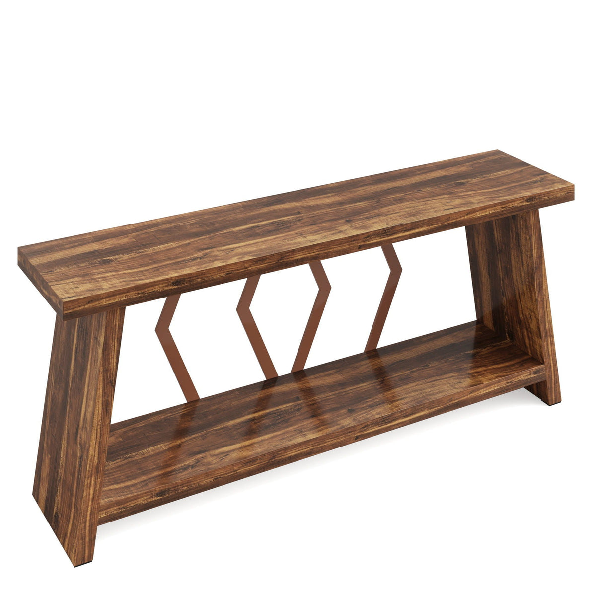 Accent Extra Long Console Table with 2-Tier Storage brown wood finish with zigzag metal supports on Tampa Home & Garden Store
