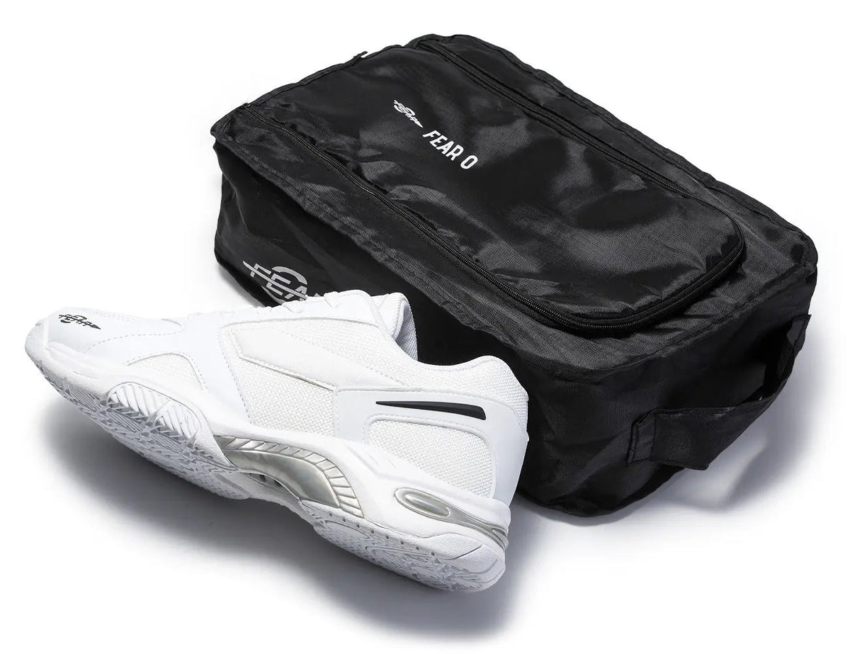 Fear0 NJ men's white high-arch all-in-one walking shoe with firm support, shown with black bag on Tampa Home & Garden Store