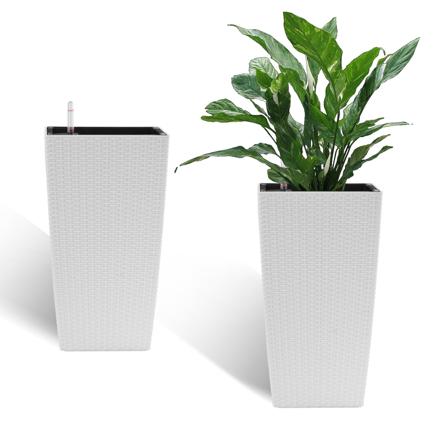HouseOfZazla white faux-rattan square planters, 22.6in, auto-watering, 2-pack on Tampa Home & Garden Store