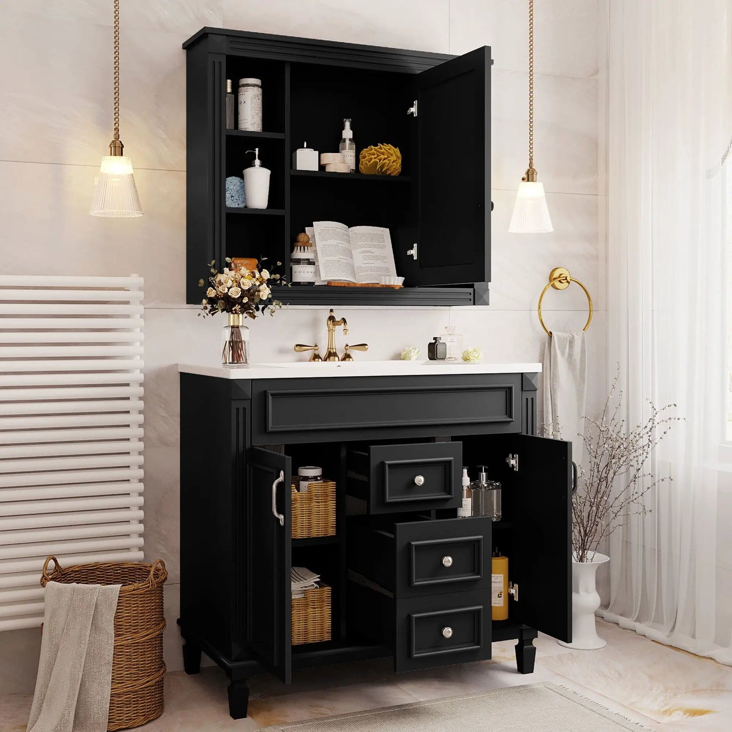 Bathroom vanity with top sink, black finish, white countertop, 2 doors & 2 drawers on Tampa Home & Garden Store