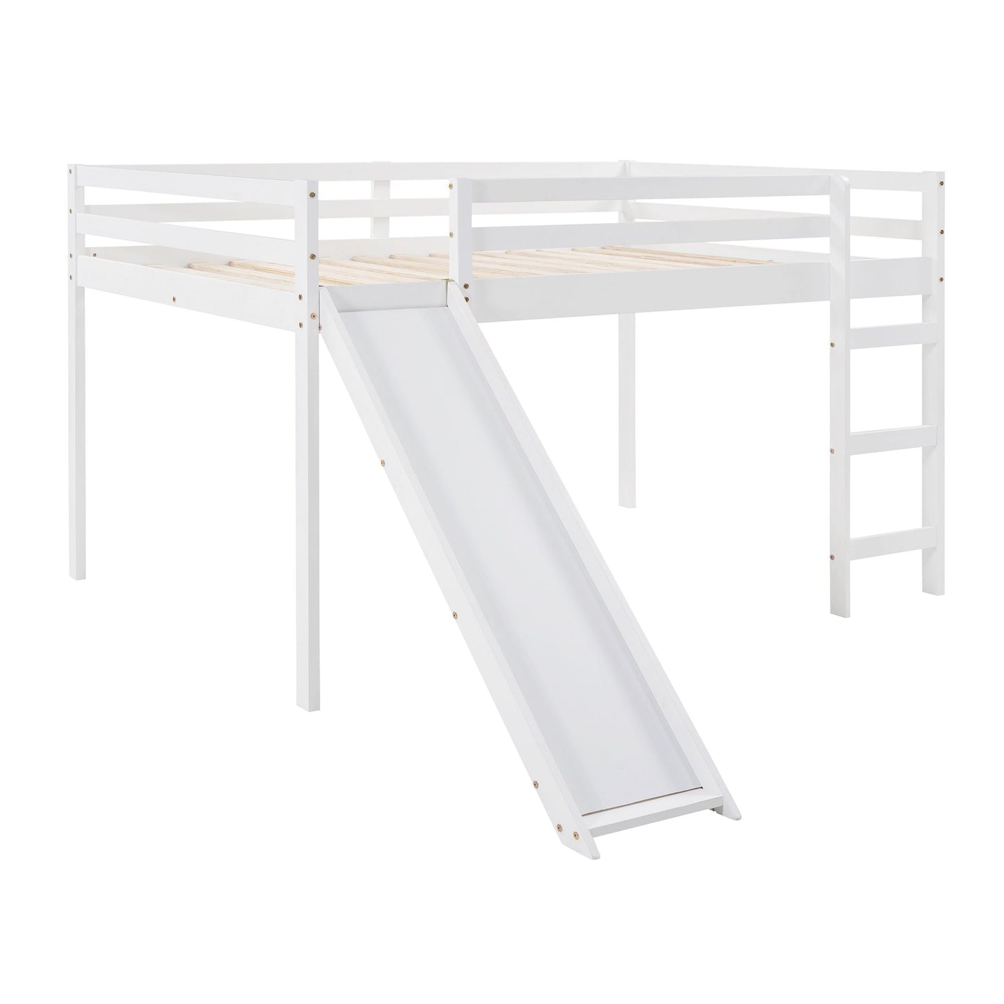 White Solid Wood Full Size Loft Bed and Slide