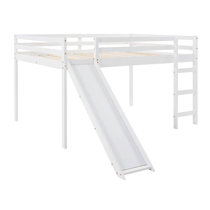 White Solid Wood Full Size Loft Bed and Slide