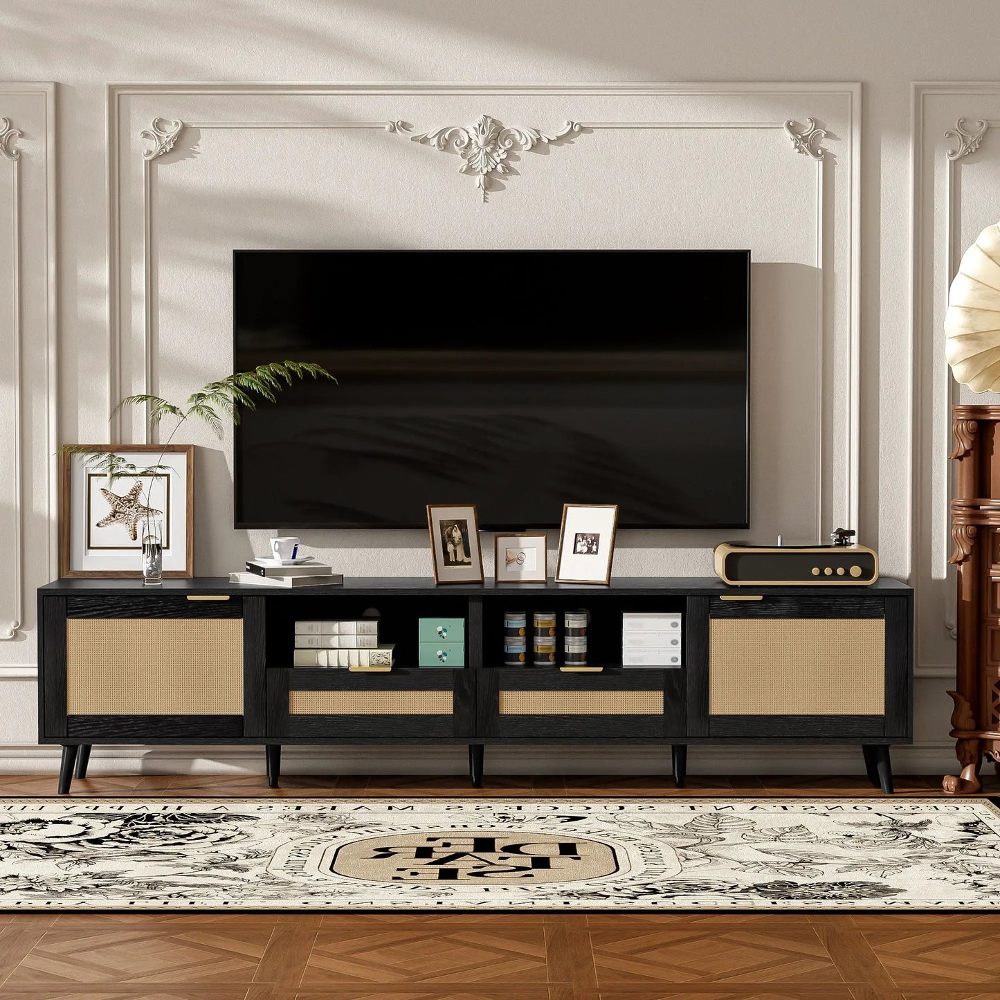 Rattan and Solid Wood TV Stand With Cable