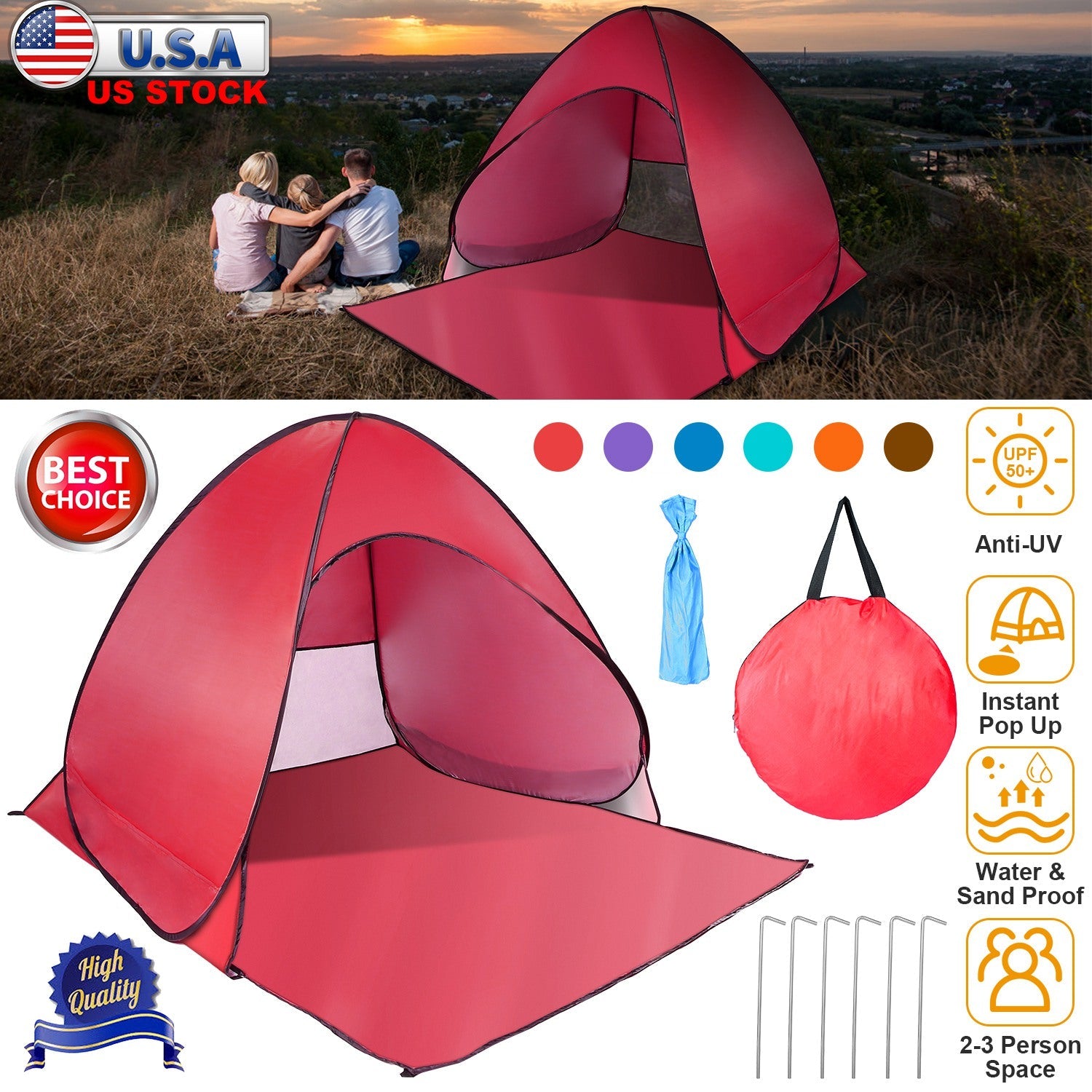 GemGear red pop-up beach tent anti-UV UPF50+ instant setup for 2-3 people with net window on Tampa Home & Garden Store