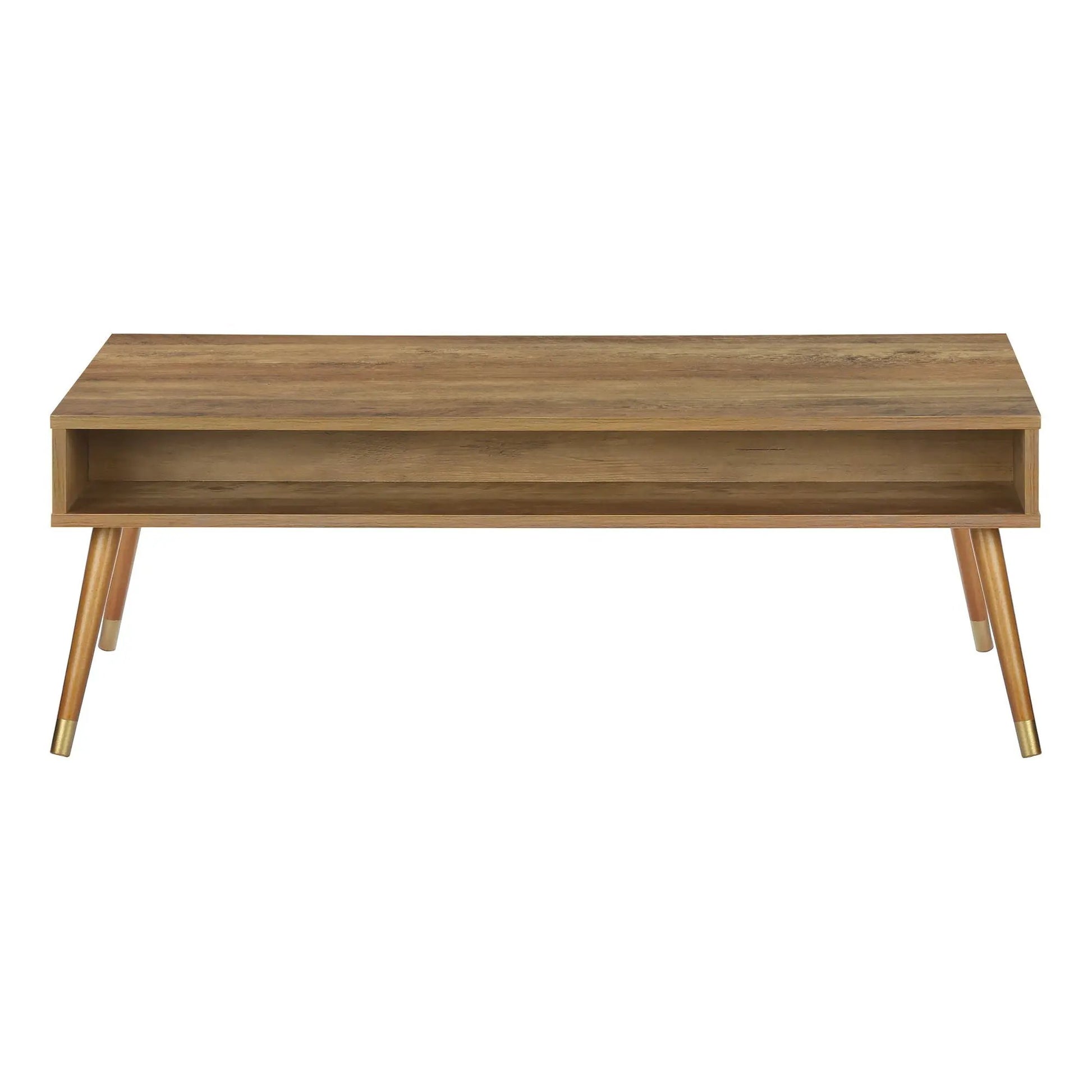 Rectangular walnut coffee table with lower storage shelf and mid-century tapered legs on Tampa Home & Garden Store