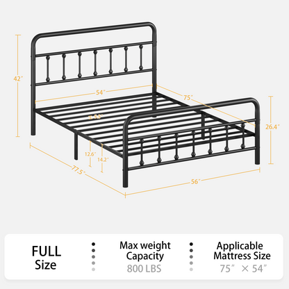 Black metal full-size bed frame with curved headboard, spindle posts, and slatted base on Tampa Home & Garden Store