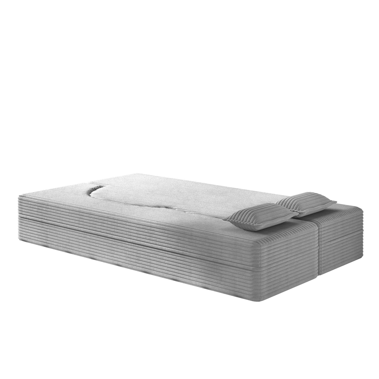 Floor sofa with 2 ribbed pillows in light gray fabric, convertible twin mattress on Tampa Home & Garden Store