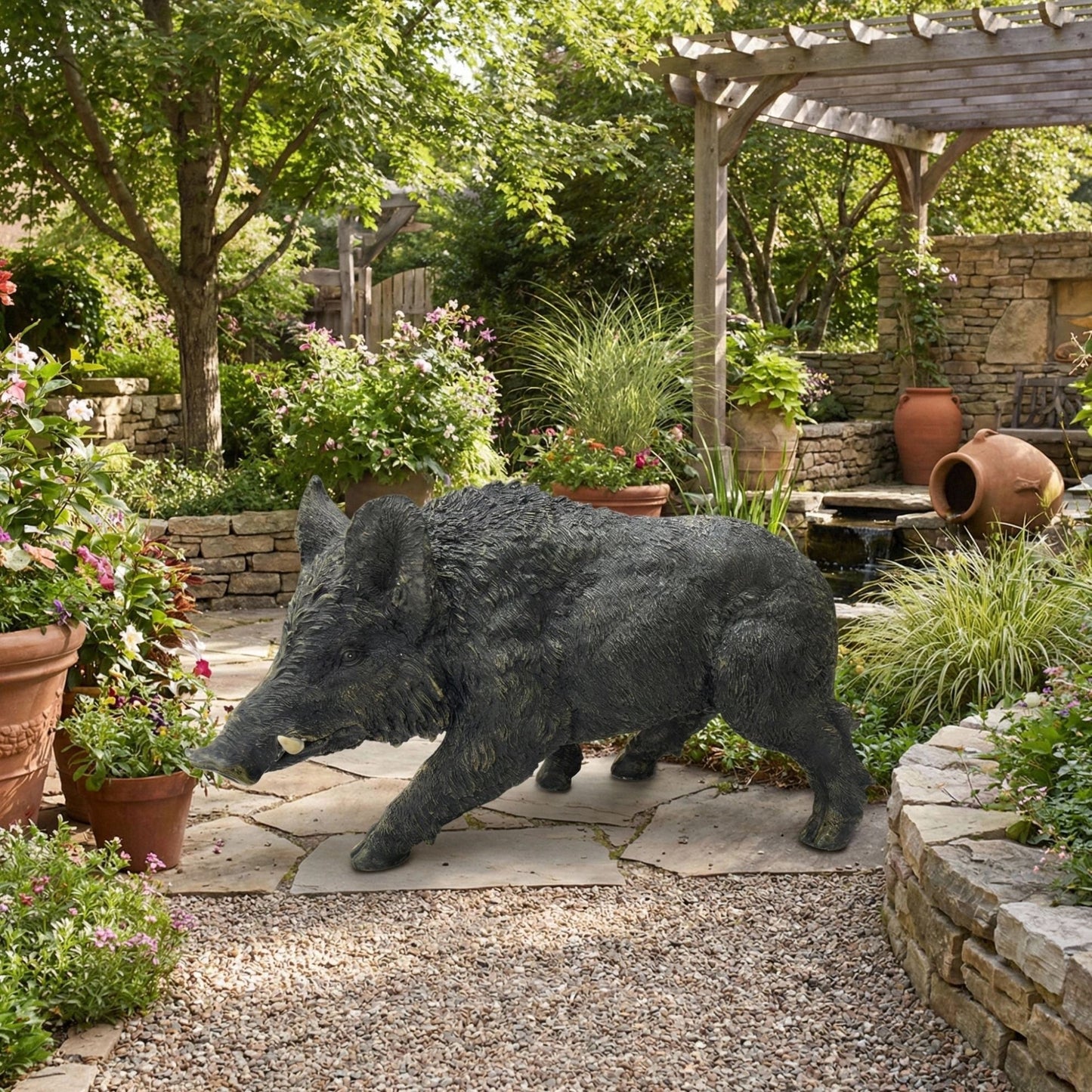 Simulated Wild Boar Resin Garden Statue dark gray textured surface HouseOfZazla on Tampa Home & Garden Store