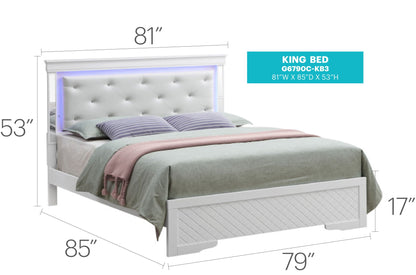 King bed with white tufted upholstered headboard and blue LED backlighting by HouseOfZazla on Tampa Home & Garden Store