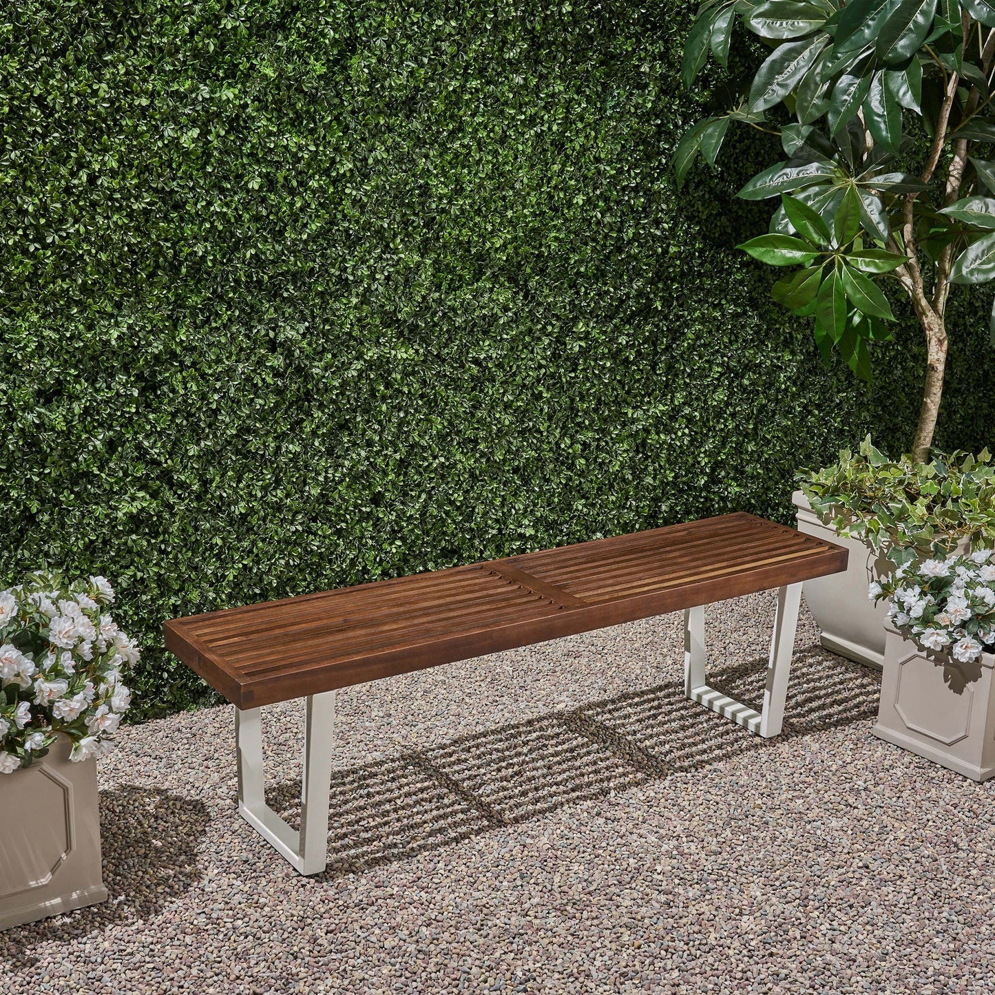 Intrinsic Outdoor Dining Bench With Slat Top by HouseOfZazla brown wooden slats white legs on Tampa Home & Garden Store