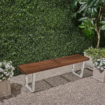 Intrinsic Outdoor Dining Bench With Slat Top by HouseOfZazla brown wooden slats white legs on Tampa Home & Garden Store
