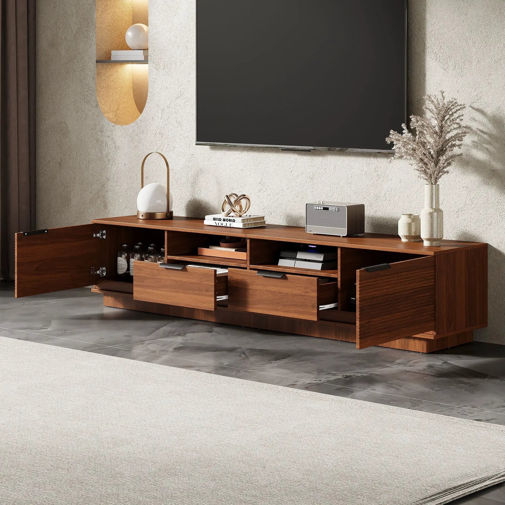 TV stand by Unique Piece Furniture in walnut with deep drawers and open shelves under a TV on Tampa Home & Garden Store