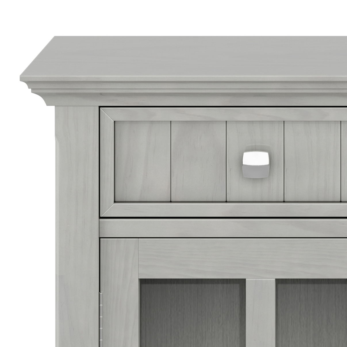 Acadian Handcrafted Entryway Storage Cabinet in pale gray wood with square knob on Tampa Home & Garden Store