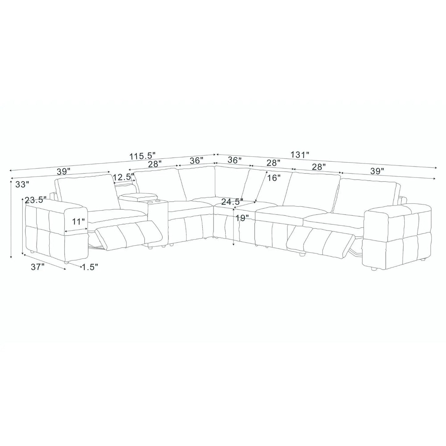 Upholstered Large Arms Sectional With Recliner Seats line drawing with measurements Unique Piece Furniture on Tampa Home & Garden Store