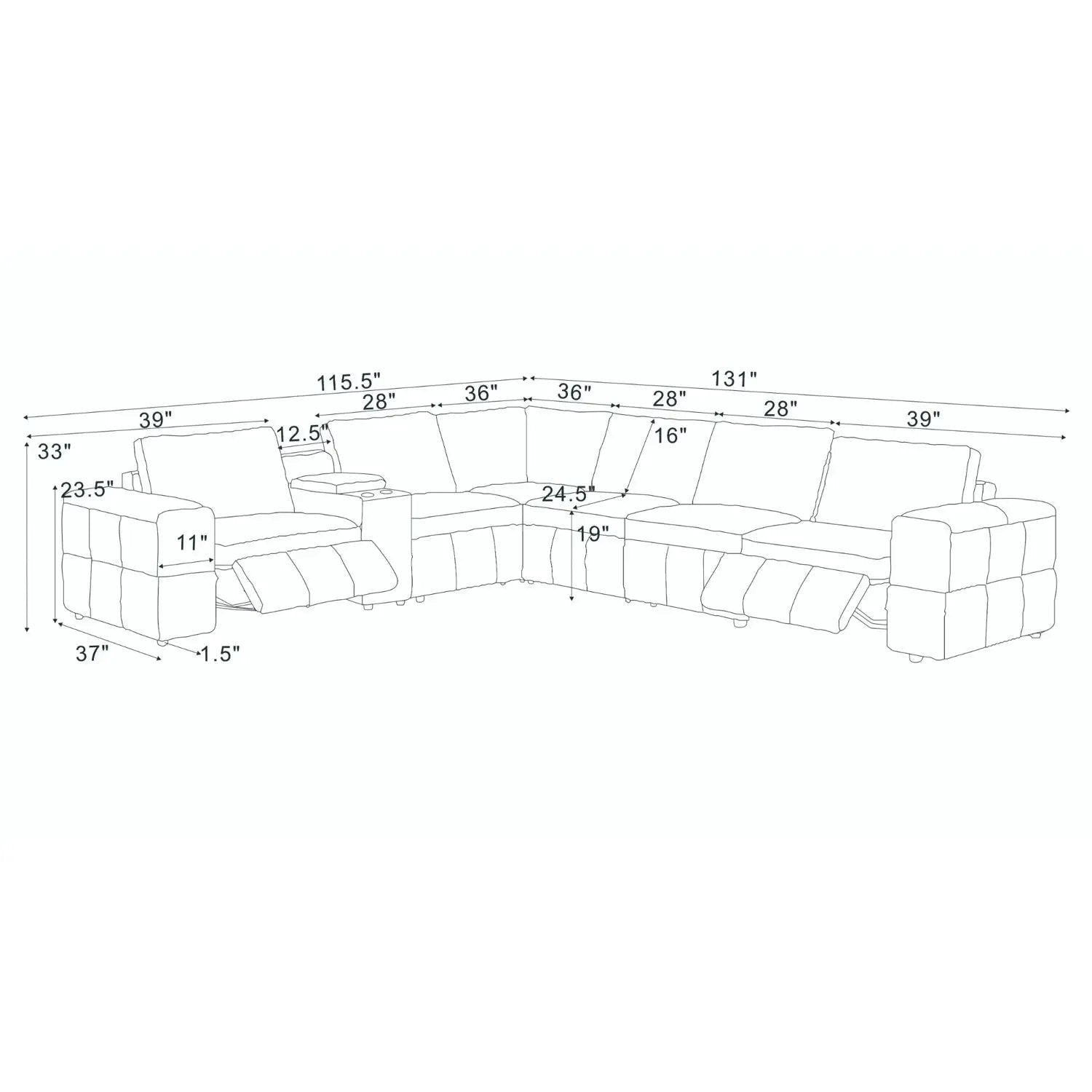 Upholstered Large Arms Sectional With Recliner Seats line drawing with measurements Unique Piece Furniture on Tampa Home & Garden Store