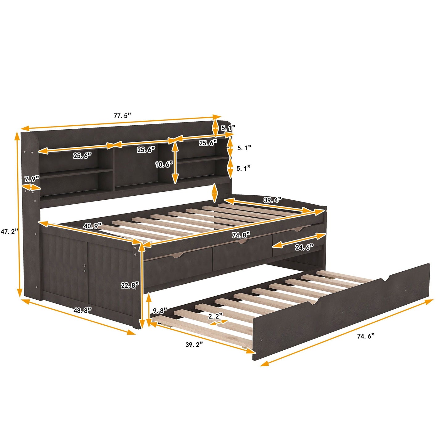 Captain Bed with built-in bookshelves, 3 storage drawers, and trundle in dark espresso on Tampa Home & Garden Store