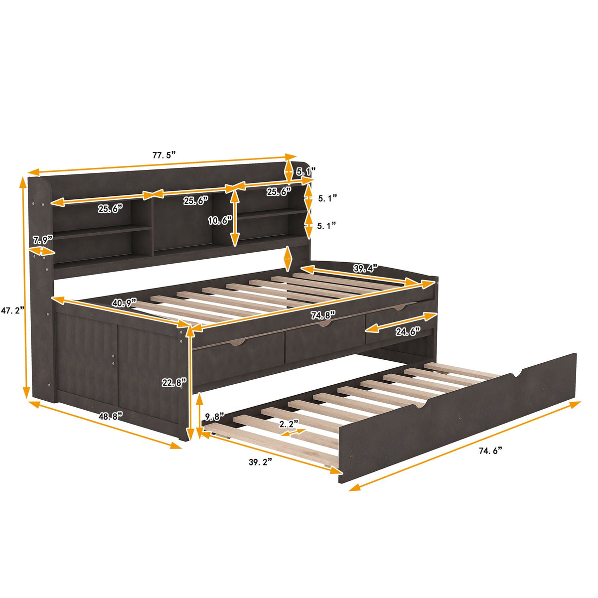 Captain Bed with built-in bookshelves, 3 storage drawers, and trundle in dark espresso on Tampa Home & Garden Store