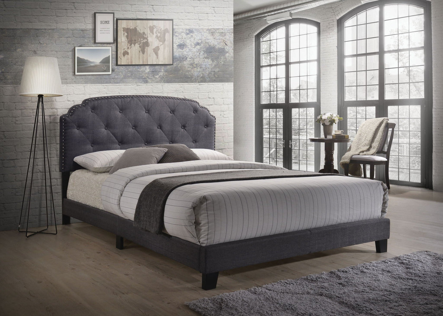 Tradilla Queen Bed gray upholstered tufted headboard with neutral bedding by HouseOfZazla on Tampa Home & Garden Store