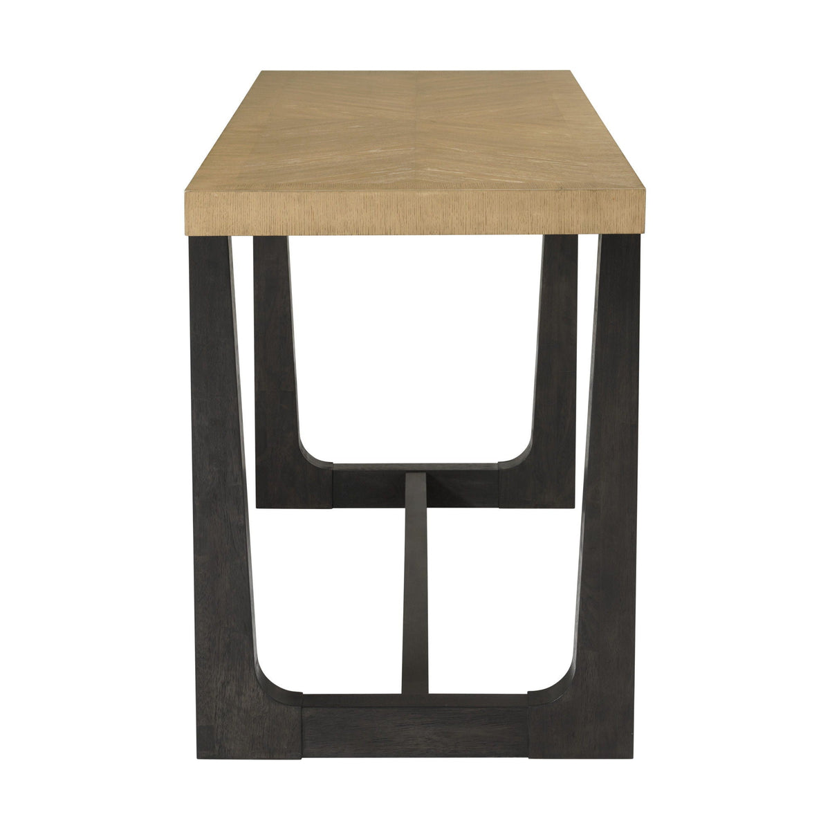 Bar table with solid light brown wood top and dark trestle legs on Tampa Home & Garden Store