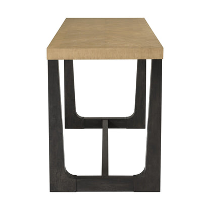 Bar table with solid light brown wood top and dark trestle legs on Tampa Home & Garden Store