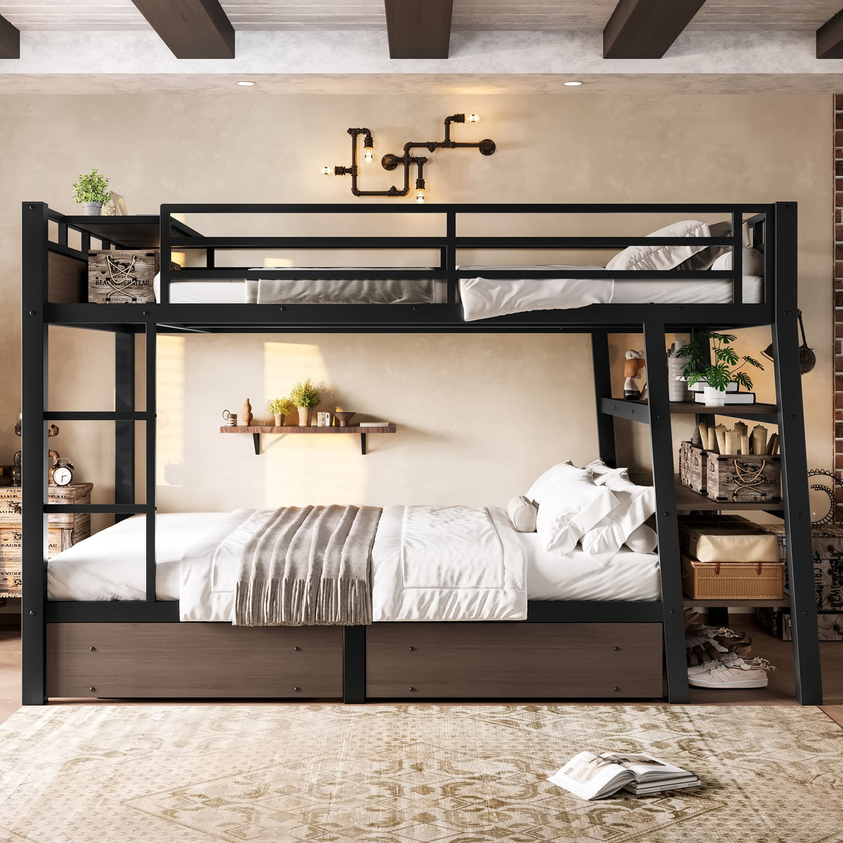 Full-size black metal bunk bed with storage shelves and USB power strip on Tampa Home & Garden Store