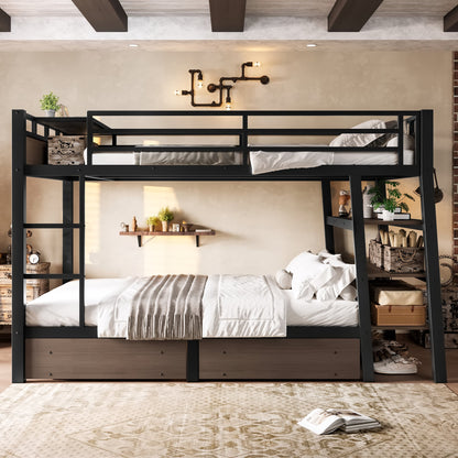 Full-size black metal bunk bed with storage shelves and USB power strip on Tampa Home & Garden Store